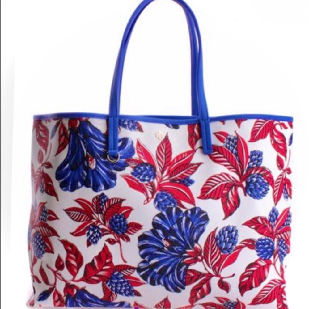 Tory Burch Blue Floral Kerrington Leather Tote EUC $180 $298   20”w x 12”h x 6”d